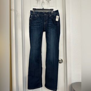 NWT Miss Me Sz 30 women’s low rise boot cut jeans feathered dark blue flare leg